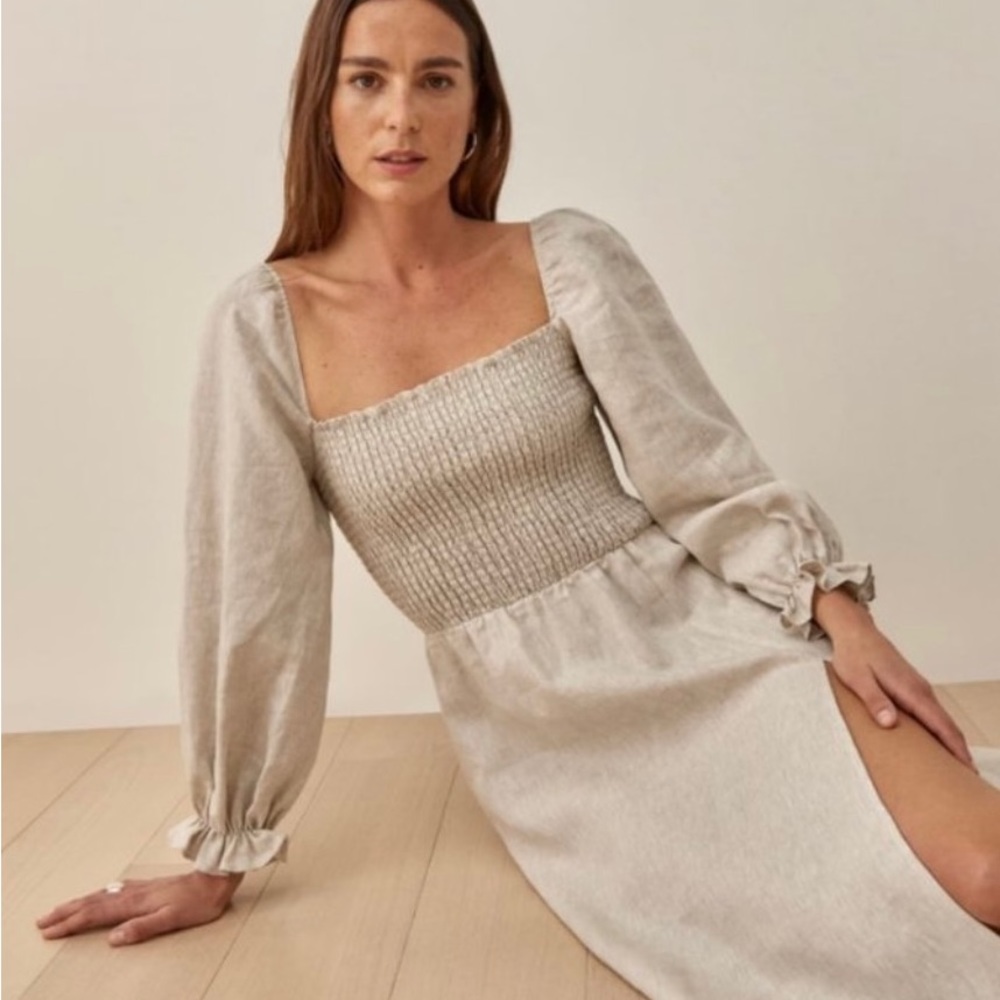 EUC Reformation Beige Smocked Square-Neck Linen Dress